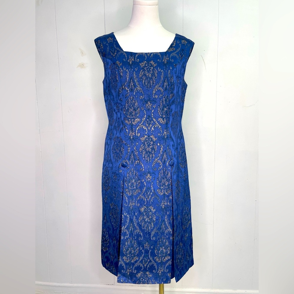 Vintage 1960s Royal Blue Brocade Shift Dress cocktail formal